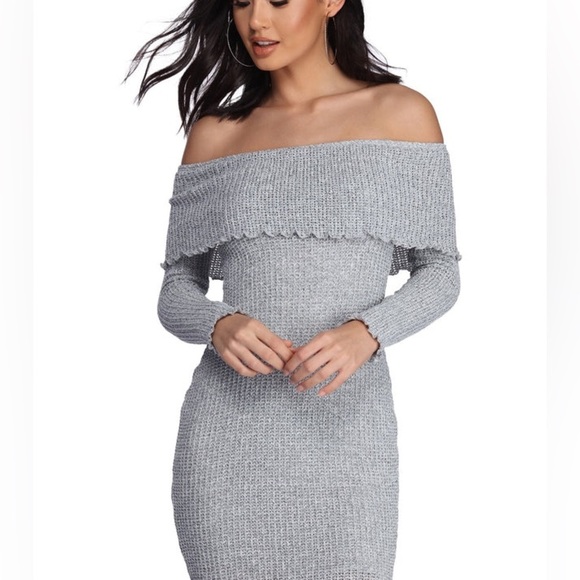 NWT🆕 Windsor Woman’s Medium Fold Over Knit Taupe Ruffled Long-Sleeve Mini Dress - Picture 1 of 12